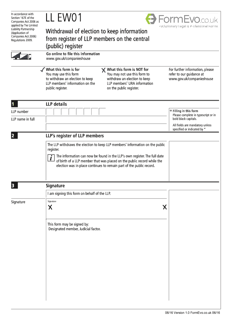 LL EW01 Withdrawal of election to keep information from register of LLP members on the central public register Section 167E of the Companies Act 2006 preview