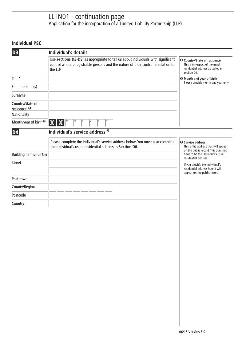 LL IN01 Continuation Page 3 Section D Individual person with significant control PSC continuation page LLIN01 Application for the incorporation of a Limited Liability Partnership LLP preview