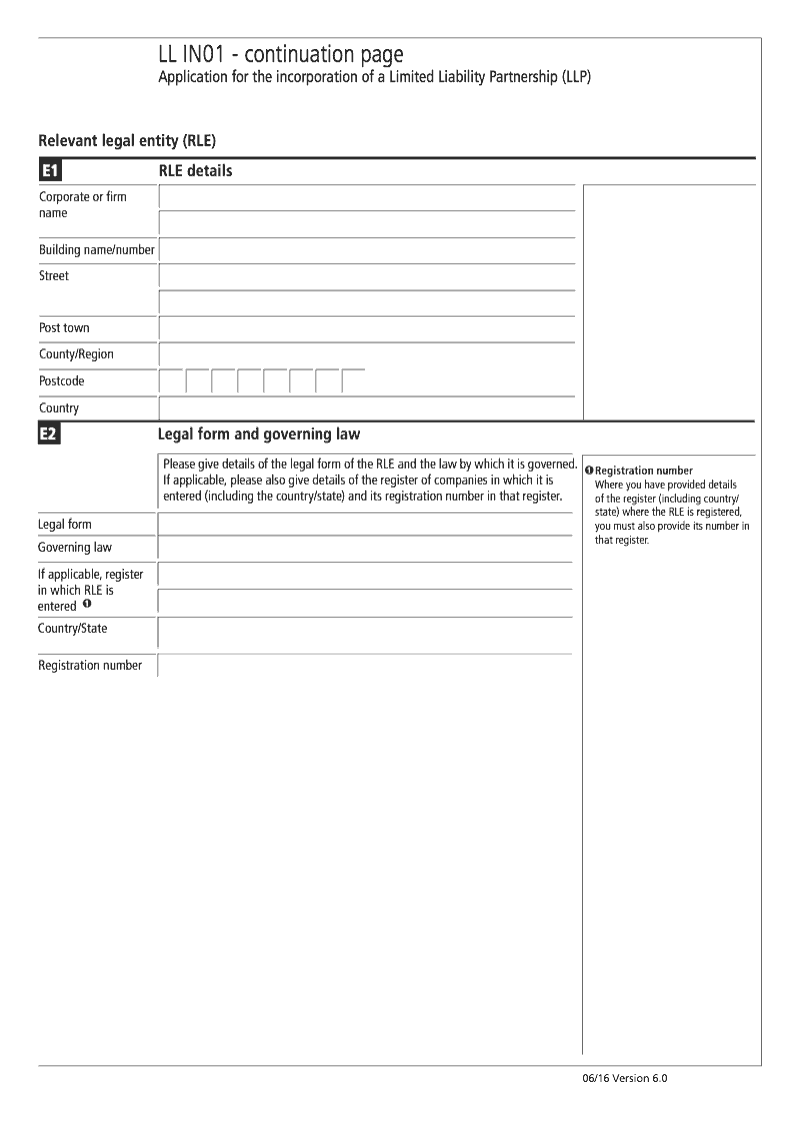 LL IN01 Continuation Page 4 Section E Relevant legal entity RLE continuation page LLIN01 Application for the incorporation of a Limited Liability Partnership LLP preview