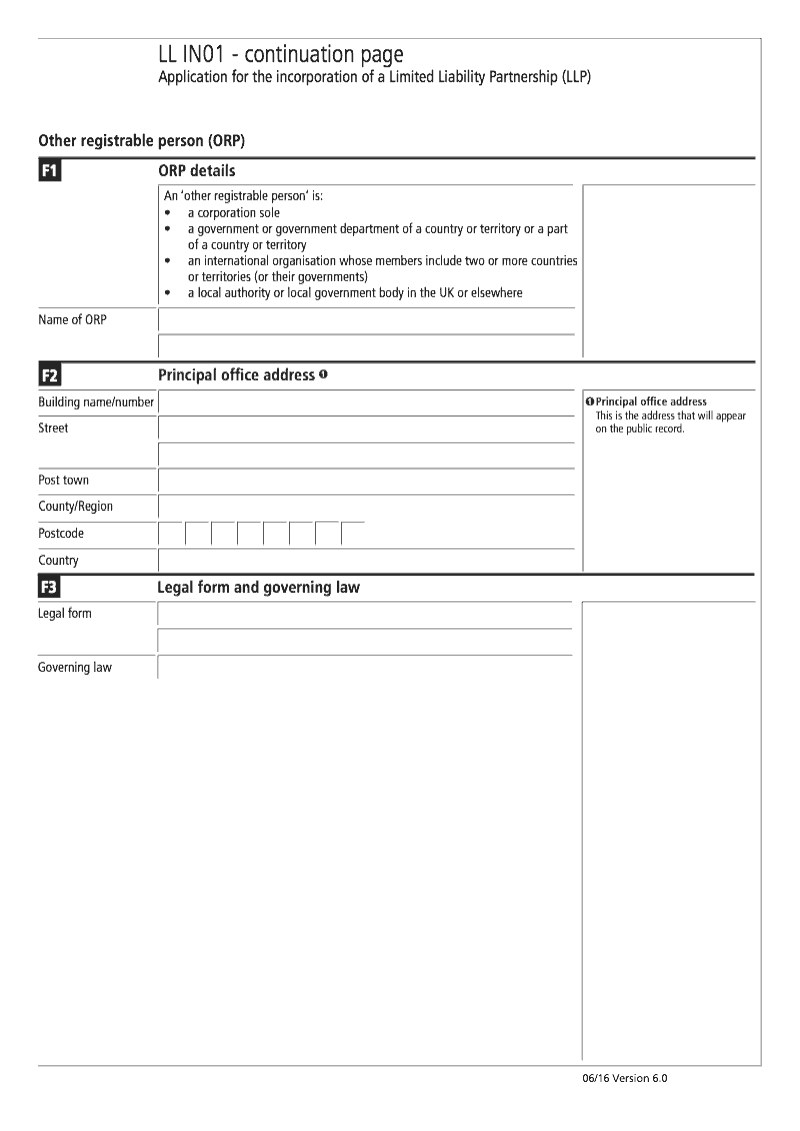 LL IN01 Continuation Page 5 Section F Other registrable person ORP continuation page LLIN01 Application for the incorporation of a Limited Liability Partnership LLP preview