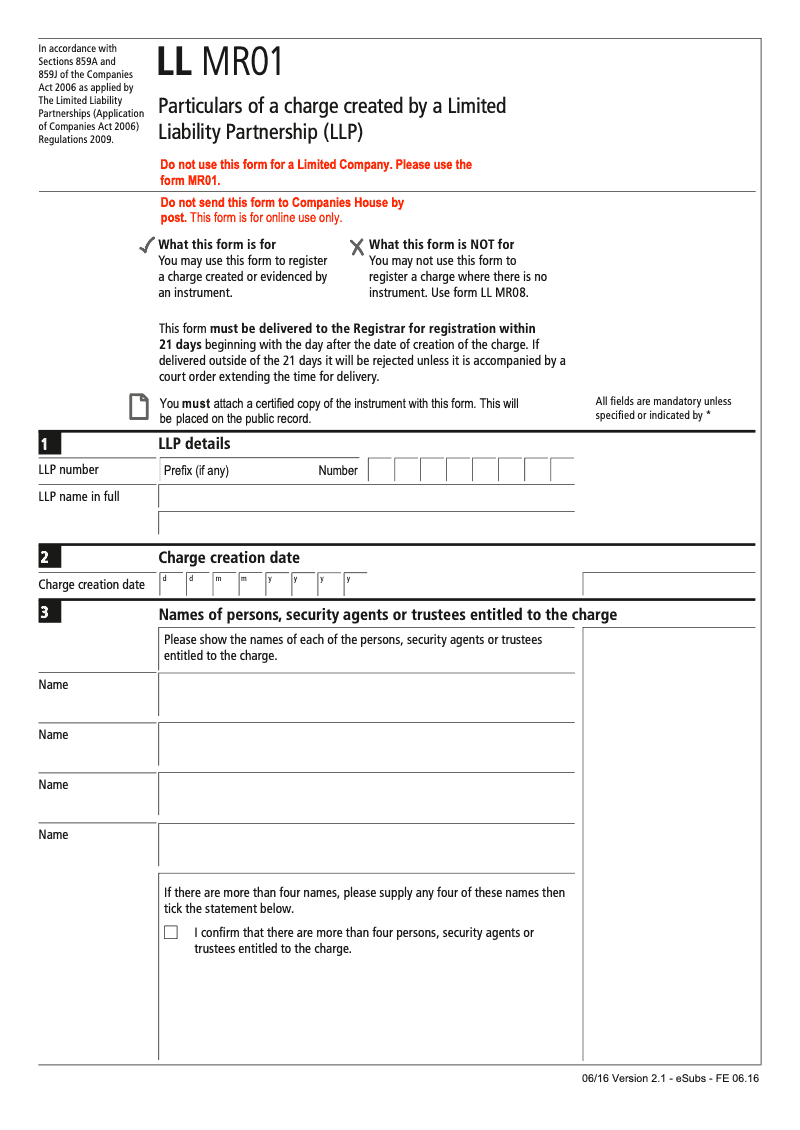 LL MR01 DLA Particulars of a charge created by a Limited Liability Partnership LLP Section 859A and 859J preview