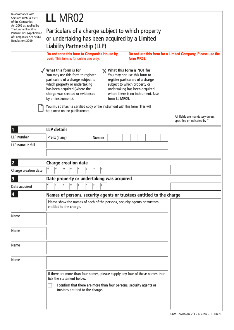 LL MR02 DLA Particulars of a charge subject to which property or undertaking has been acquired by a Limited Liability Partnership LLP Sections 859C 859J preview