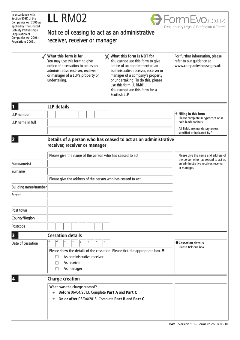 LL RM02 Notice of ceasing to act as an administrative receiver receiver or manager Limited Liability Partnership LLP Section 859K preview