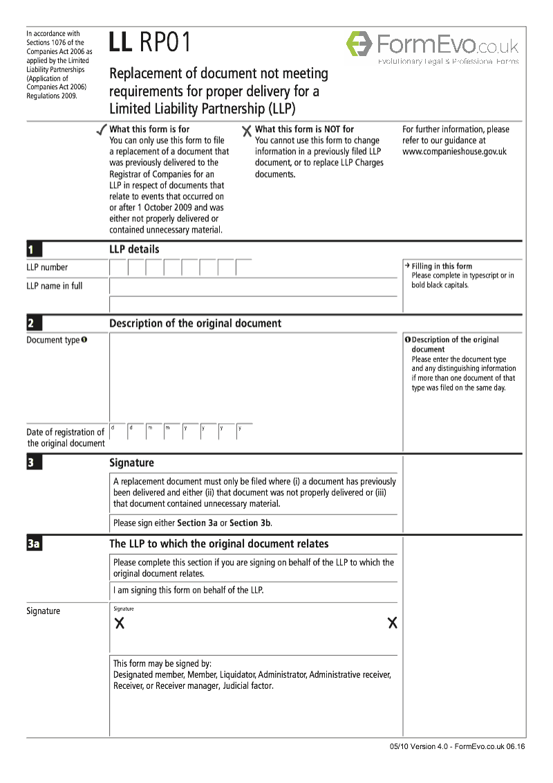 LL RP01 Replacement of document not meeting requirements for proper delivery for a Limited Liability Partnership LLP preview