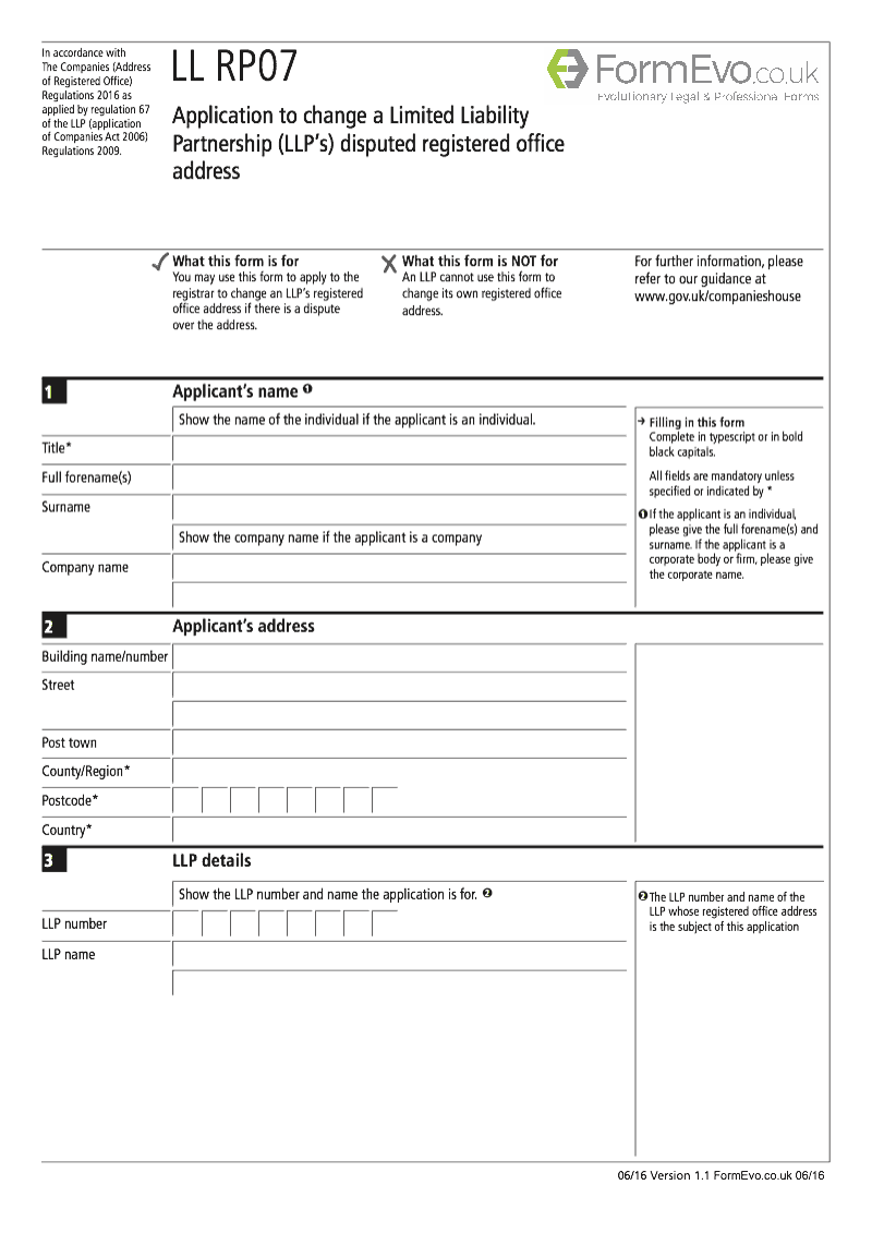 LL RP07 Application to change a Limited Liability Partnership LLP s disputed registered office address preview