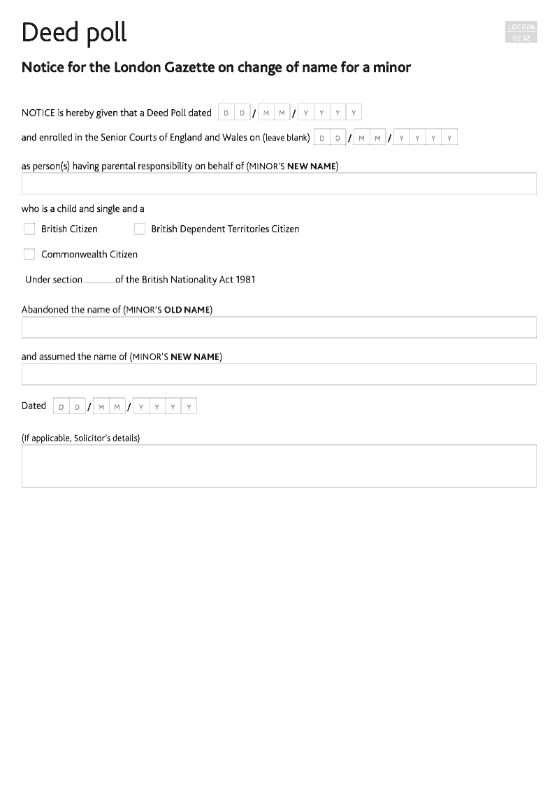 LOC026 Notice for the London Gazette on change of name for a minor Deed Poll preview