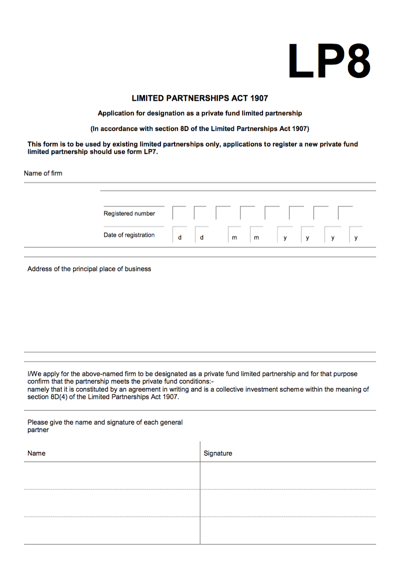 LP8 Application for designation as a private fund limited partnership In accordance with section 8D of the Limited Partnerships Act 1907 preview