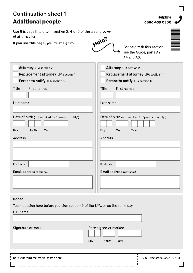 LPC Continuation Sheet 1 Continuation sheet for additional people lasting power of attorney LPA preview