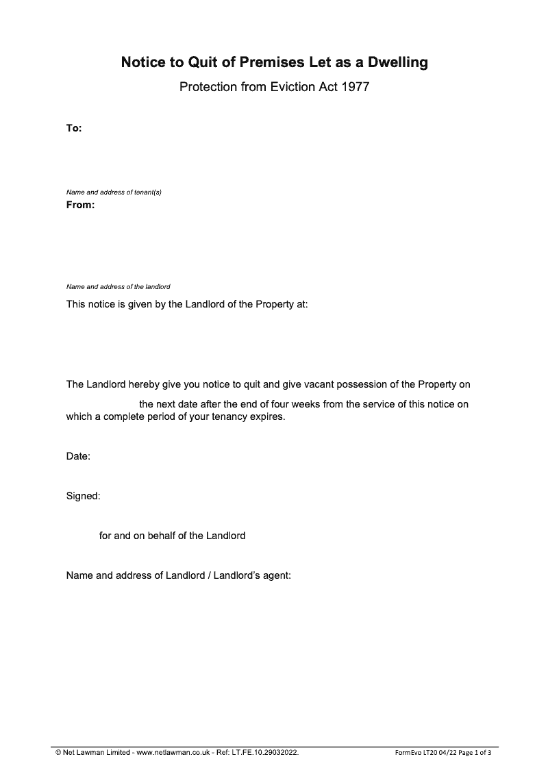 LT20 Notice to Quit of Premises Let as a Dwelling Protection from Eviction Act 1977 preview