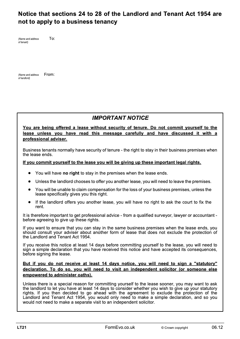 LT21 Notice that sections 24 to 28 of the Landlord and Tenant Act 1954 are not to apply to a business tenancy