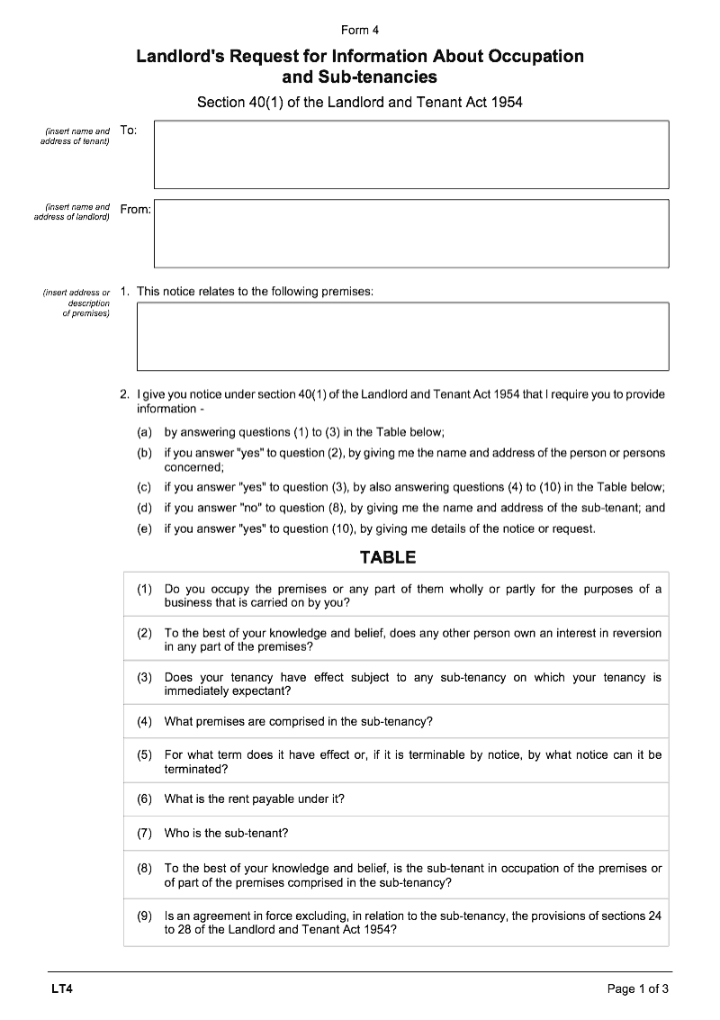 LT4 Landlord s request for information about occupation and sub tenancies Landlord and Tenant Act 1954 section 40 1 Form 4 preview