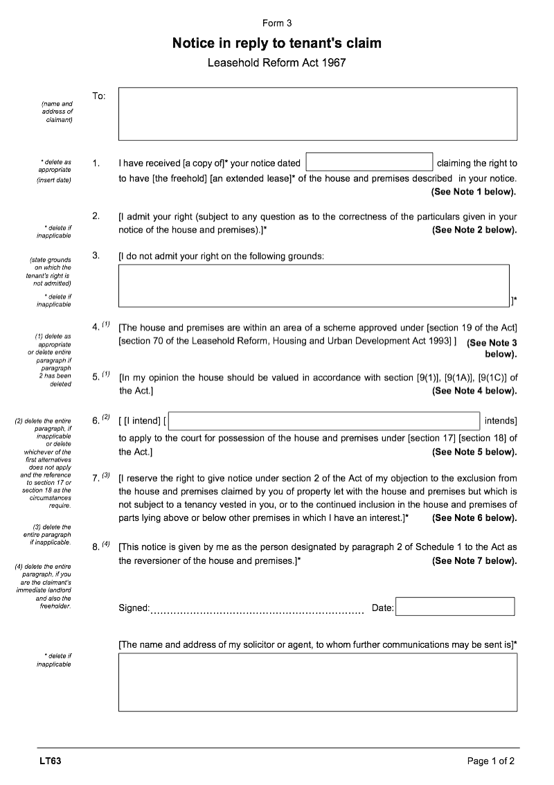 LT63 Notice in reply to tenant s claim Leasehold Reform Act 1967 Form 3 preview