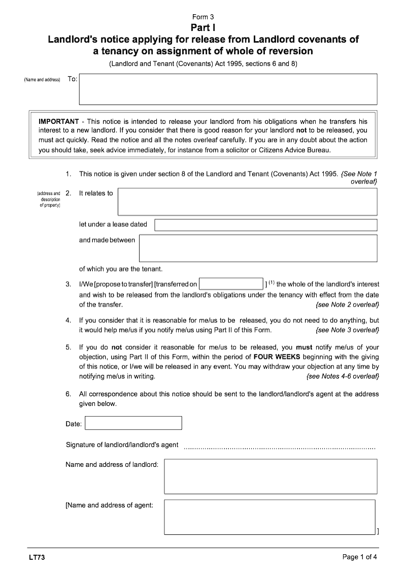 LT73 Landlord s notice applying for release from Landlord covenants of a tenancy on assignment of whole of reversion Landlord and Tenant Covenants Act 1995 section 6 and 8 Form 3 preview