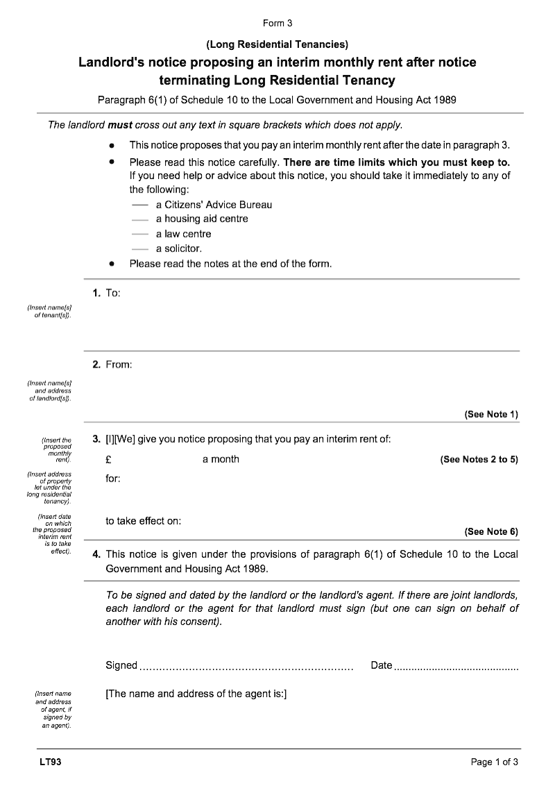 LT93 Landlord s notice proposing an interim monthly rent after notice terminating Long Residential Tenancy Local Government and Housing Act 1989 paragraph 6 1 of schedule 10 Form 3 preview