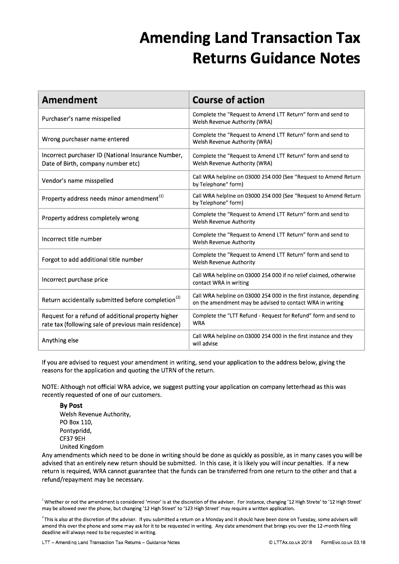 LTT Amendment Notes Guidance Notes for amending Land Transaction Tax Returns Land Transaction Tax Welsh Revenue Authority preview