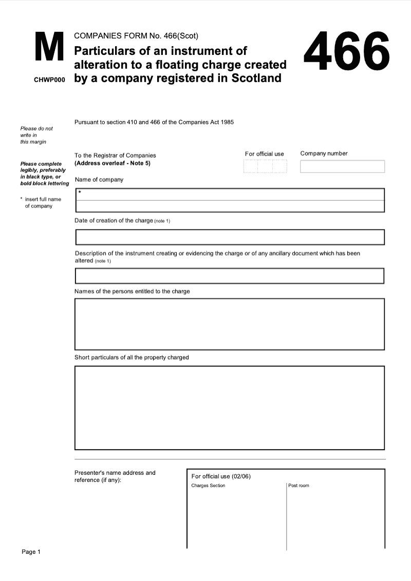 M466 SCOT Particulars of an Instrument of Alteration to a Floating Charge Created by a Company Registered in Scotland preview