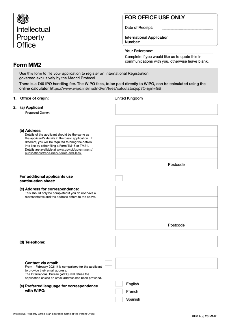 MM2 Application to register an International Registration including Fee Sheet FS4 preview