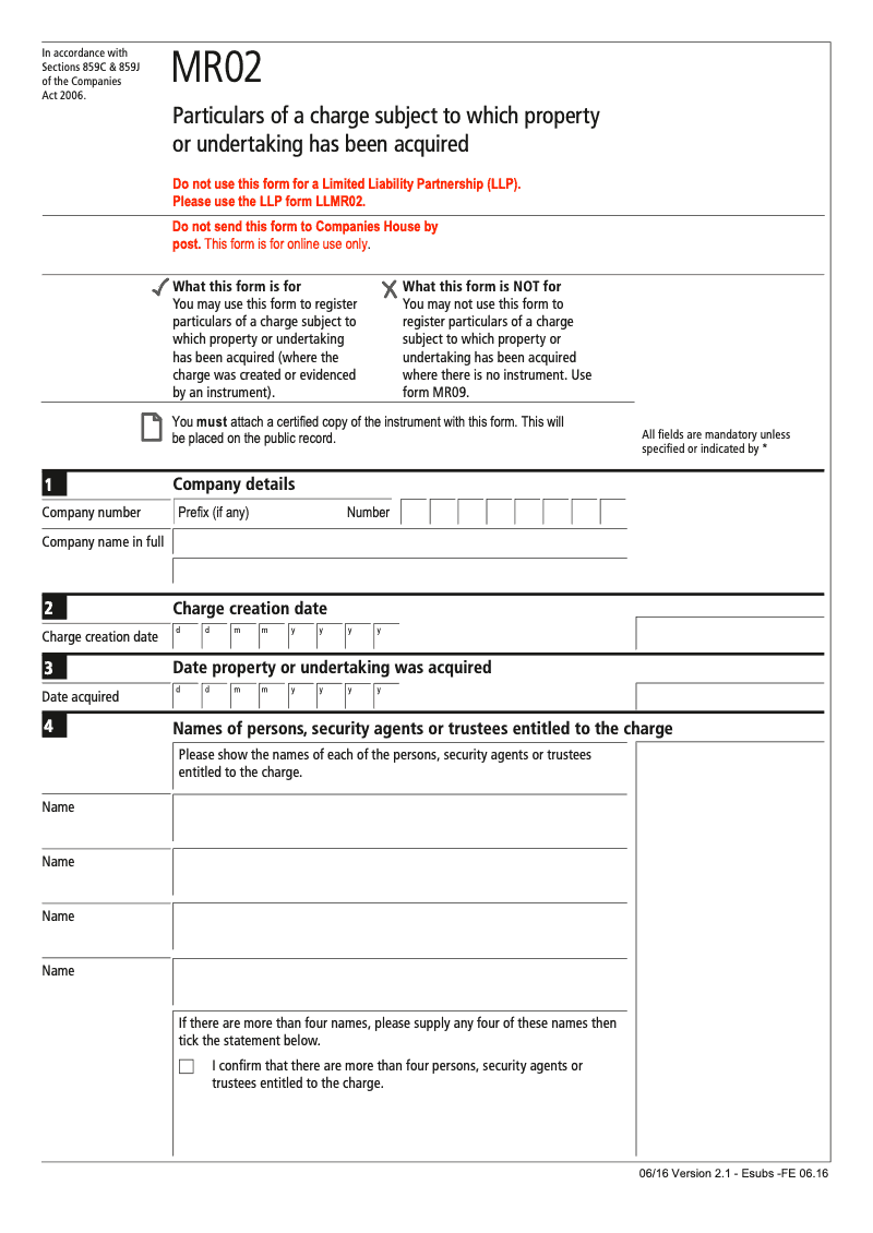 MR02 DLA Particulars of a charge subject to which property or undertaking has been acquired Sections 859C 859J preview