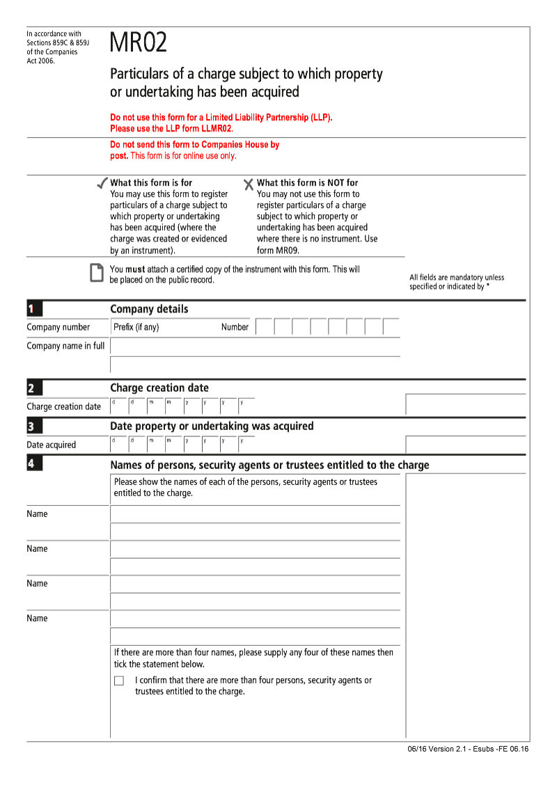 MR02 Particulars of a charge subject to which property or undertaking has been acquired Sections 859C 859J preview