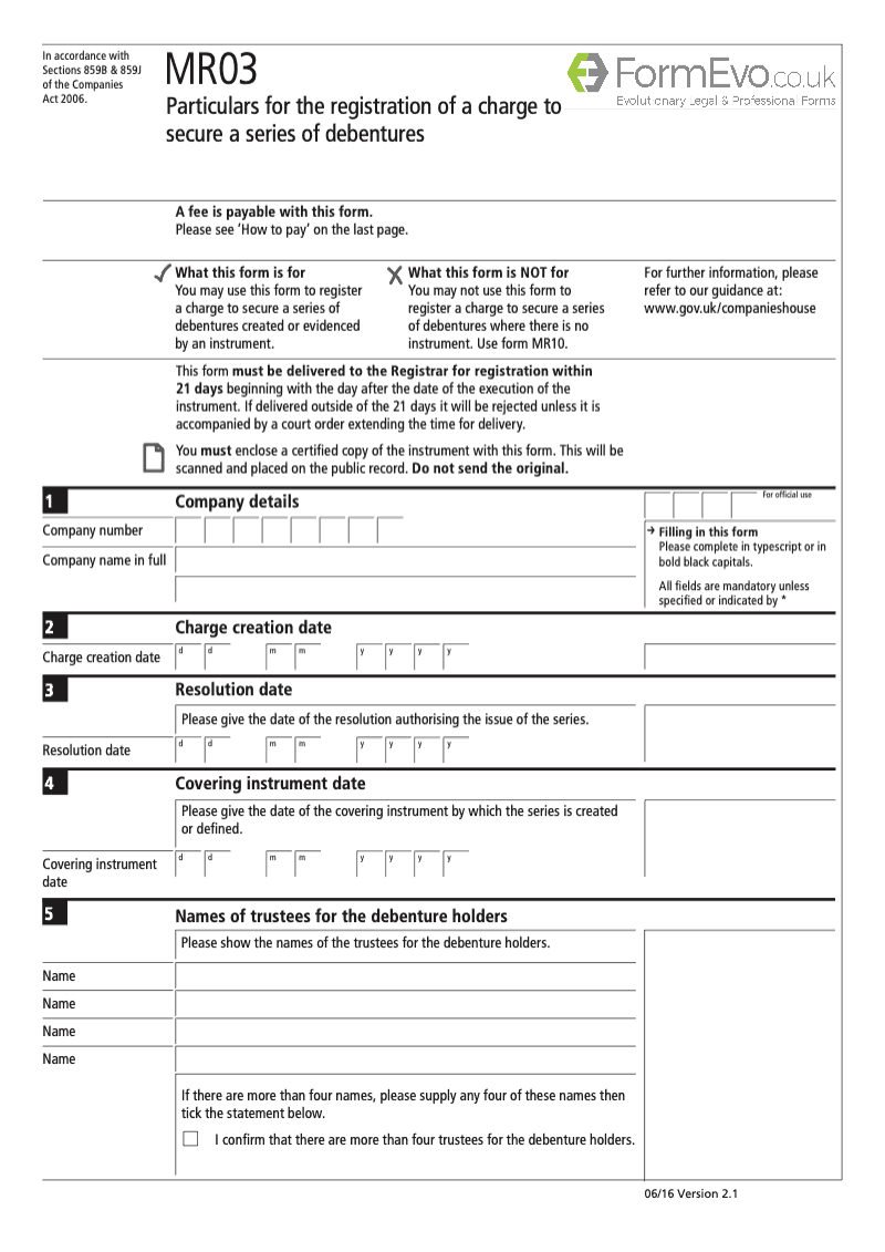 MR03 Particulars for the registration of a charge to secure a series of debentures Sections 859B 859J preview