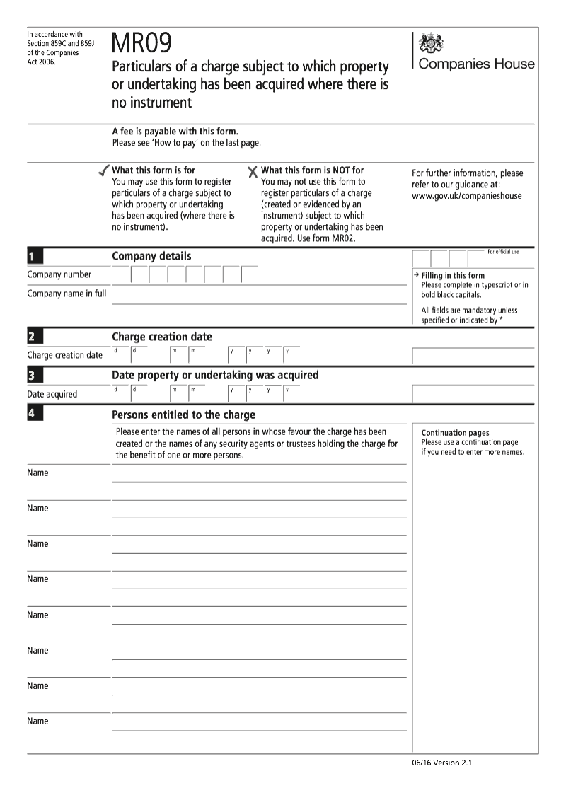 MR09 Particulars of a charge subject to which property or undertaking has been acquired where there is no instrument Section 859C and 859J preview
