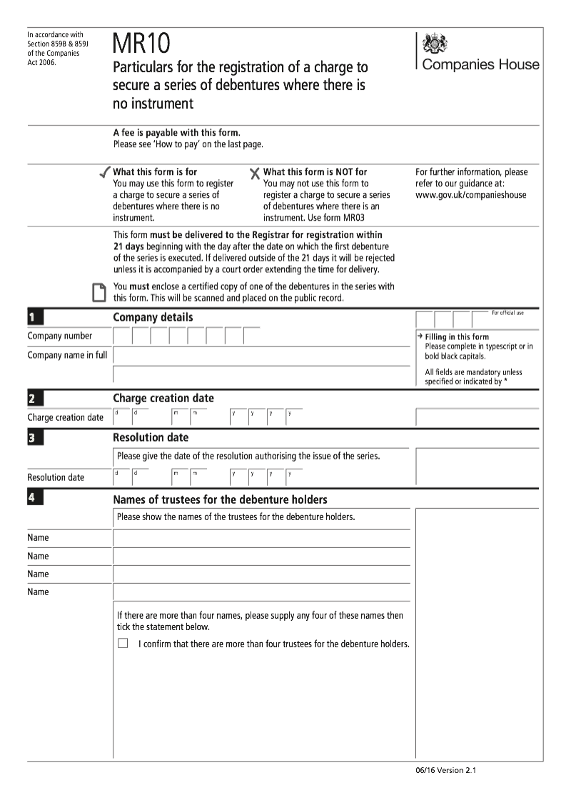 MR10 Particulars for the registration of a charge to secure a series of debentures where there is no instrument Section 859B 859J preview