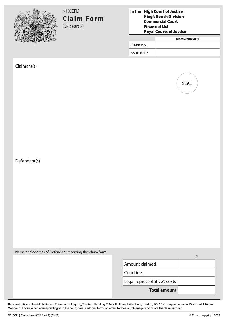 N1 CCFL Claim form for the Financial List CPR Part 7 Commercial Court preview