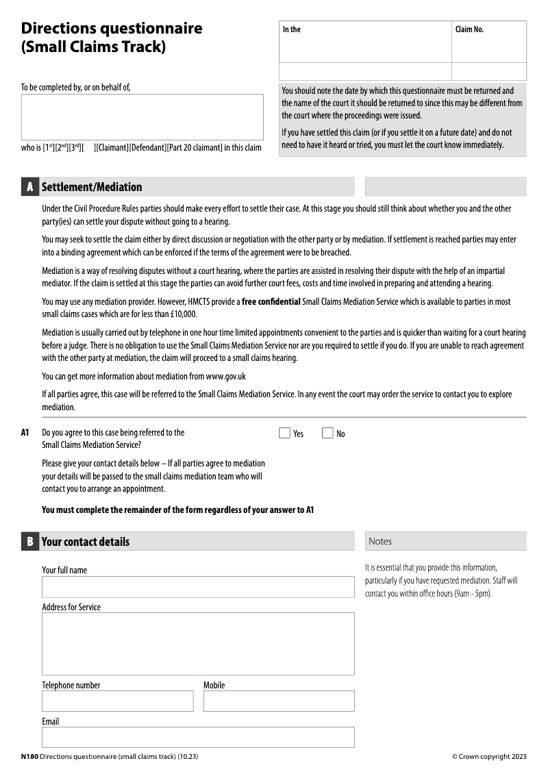 N180 Directions questionnaire Small Claims Track preview