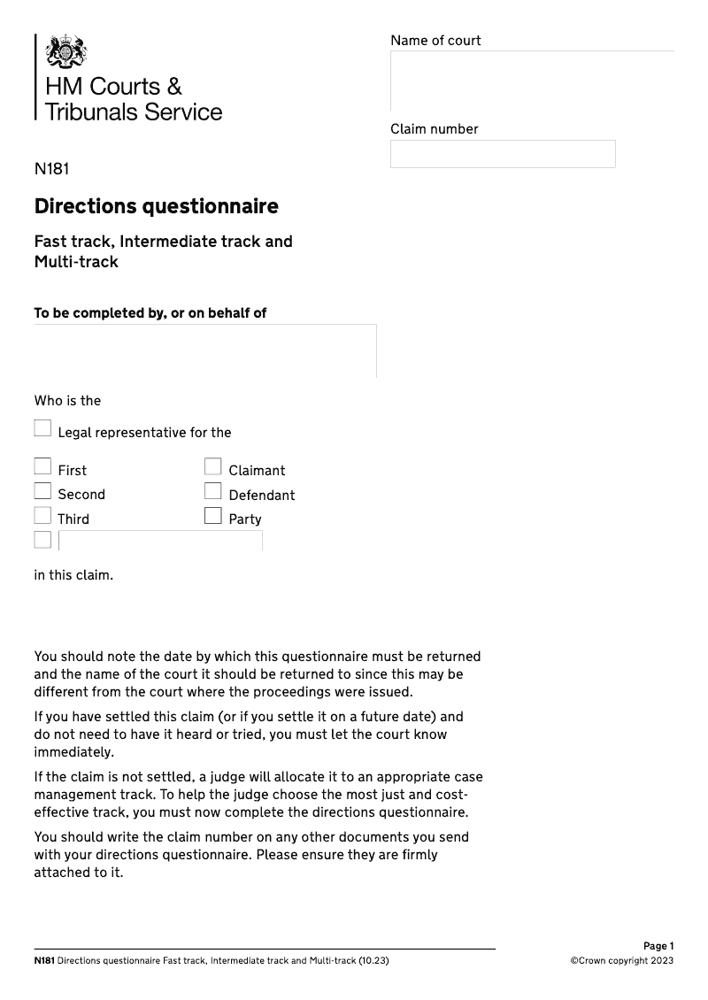 N181 Directions questionnaire Fast track and Multi track preview