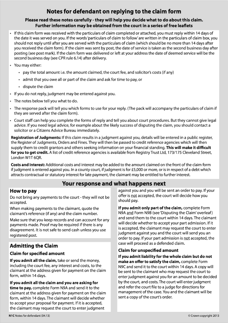 N1C Notes for defendant on replying to the claim form preview