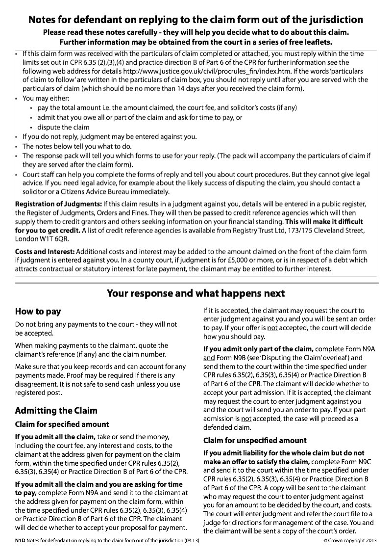 N1D Notes for defendant on replying to the claim form out of the jurisdiction preview