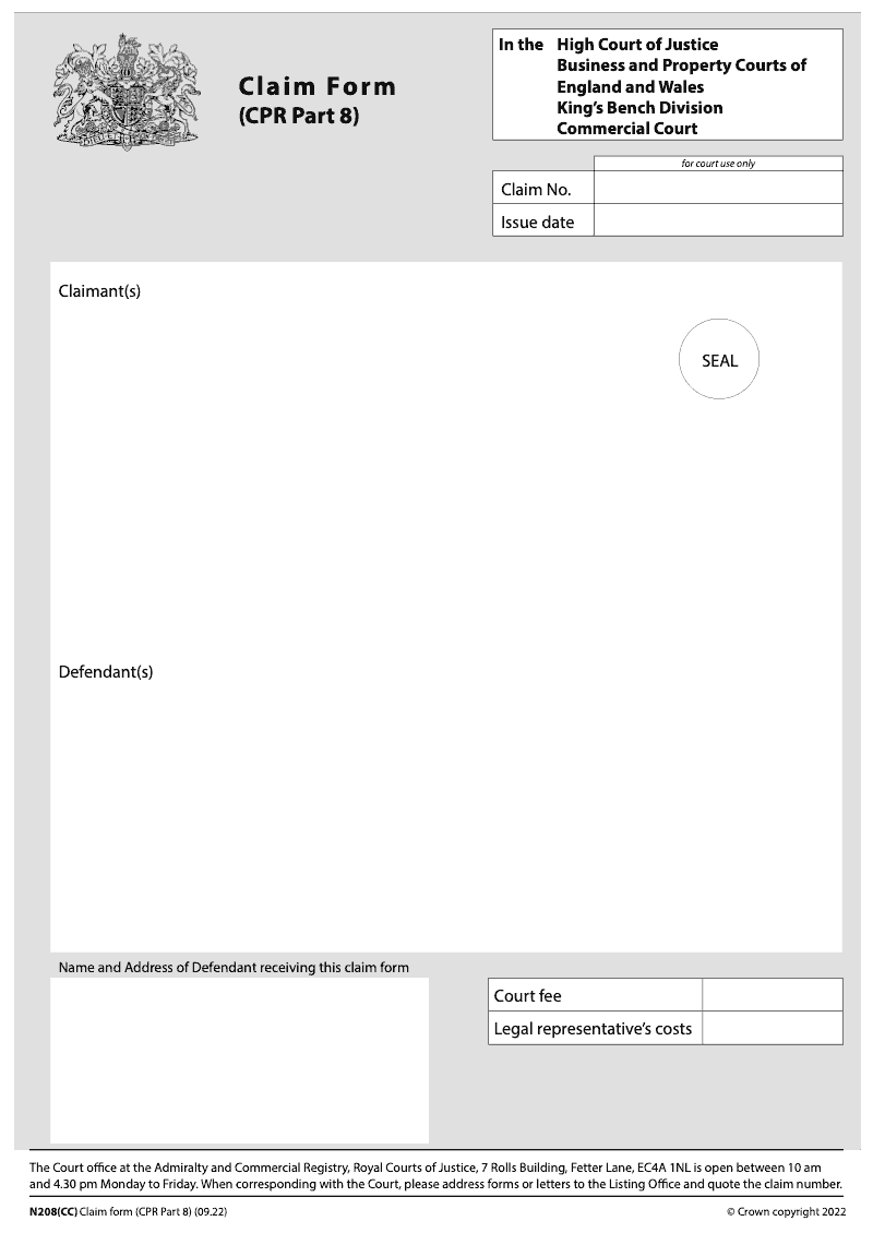 N208 CC Claim form CPR Part 8 Commercial Court preview