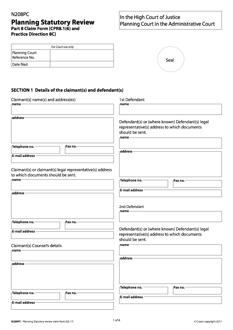 N208PC Claim Form Planning Statutory Review Planning Court Part 8 Claim CPR 8 Preview
