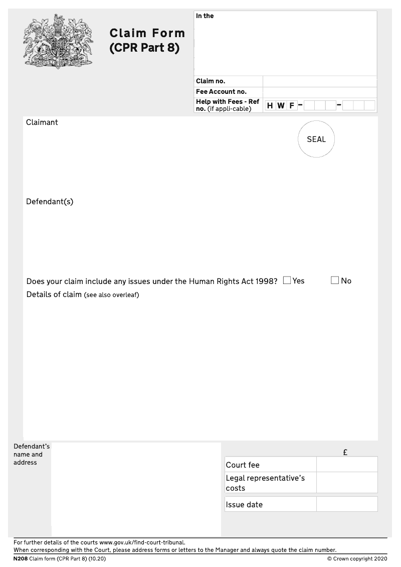 N208X Claim form CPR Part 8 Word version preview