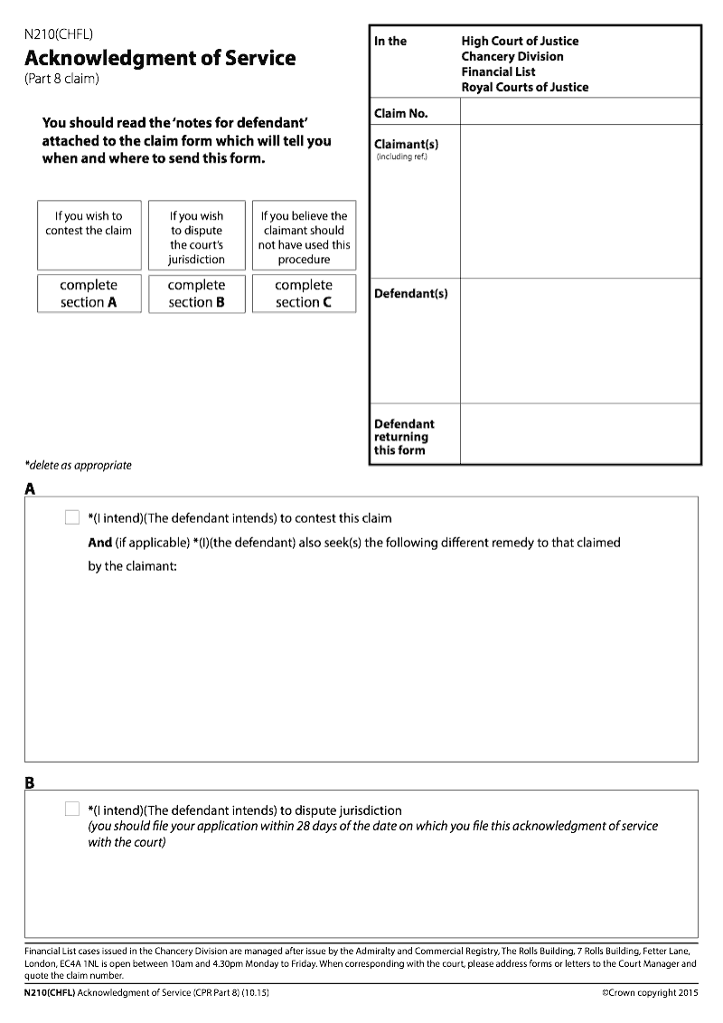 N210 CHFL Acknowledgment of service for the Financial List Part 8 claim Chancery Division preview