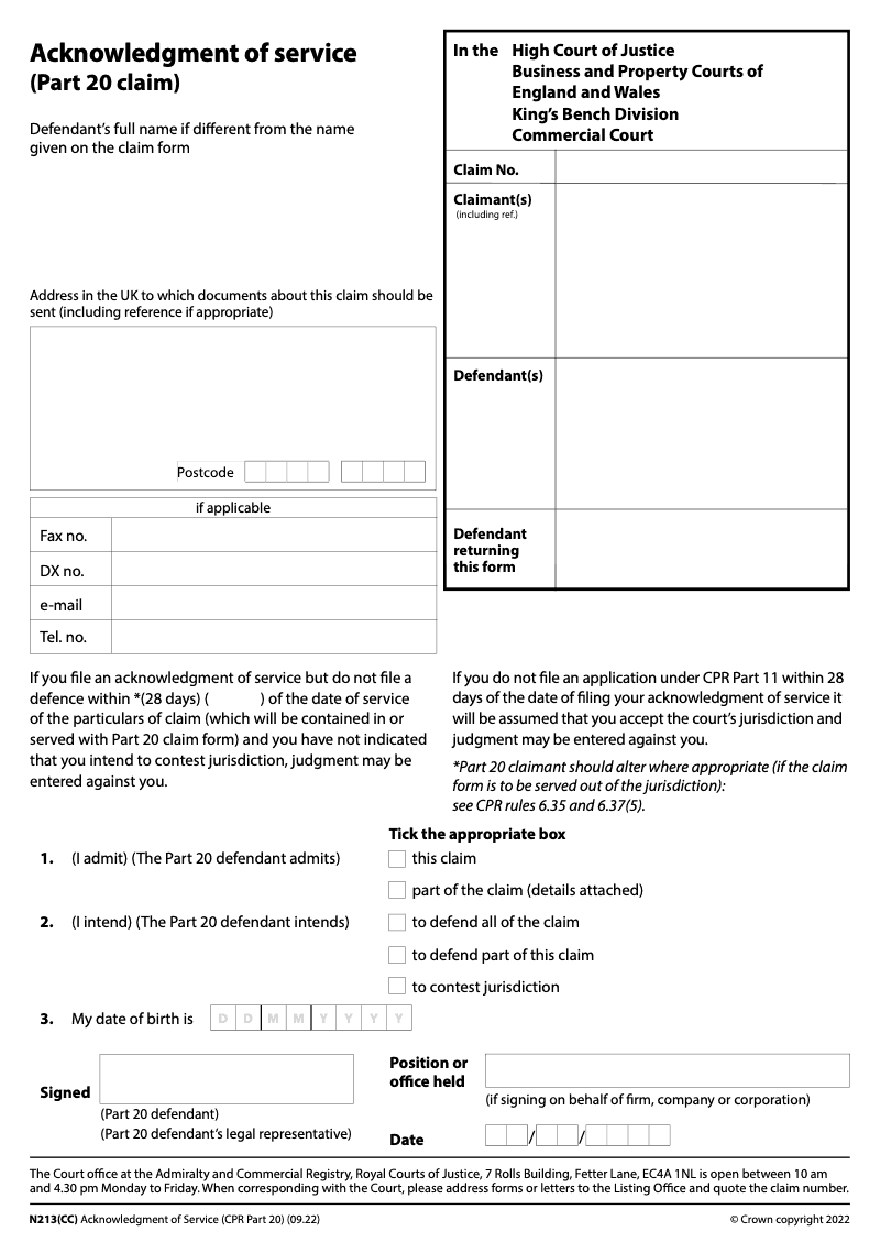 N213 CC Acknowledgment of service Part 20 claim Commercial Court preview