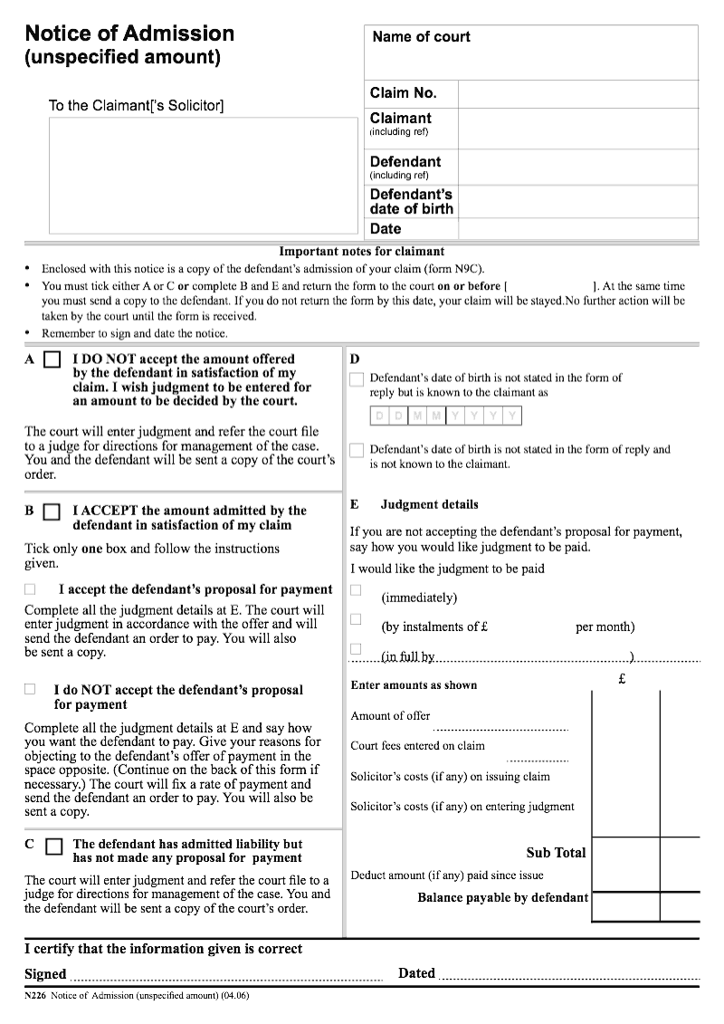 N226 Notice of Admission unspecified amount preview