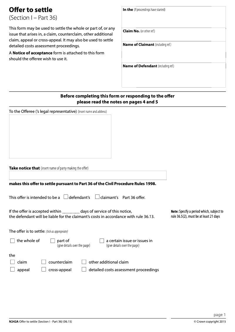 N242A Notice of offer to settle Section 1 Part 36 including notice of acceptance preview