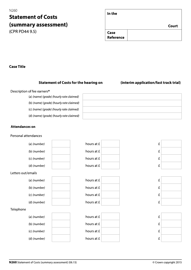 N260 Statement of Costs summary assessment preview