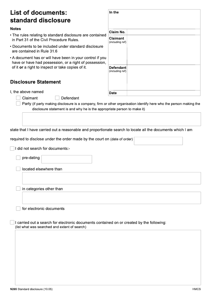 N265 List of documents standard disclosure preview