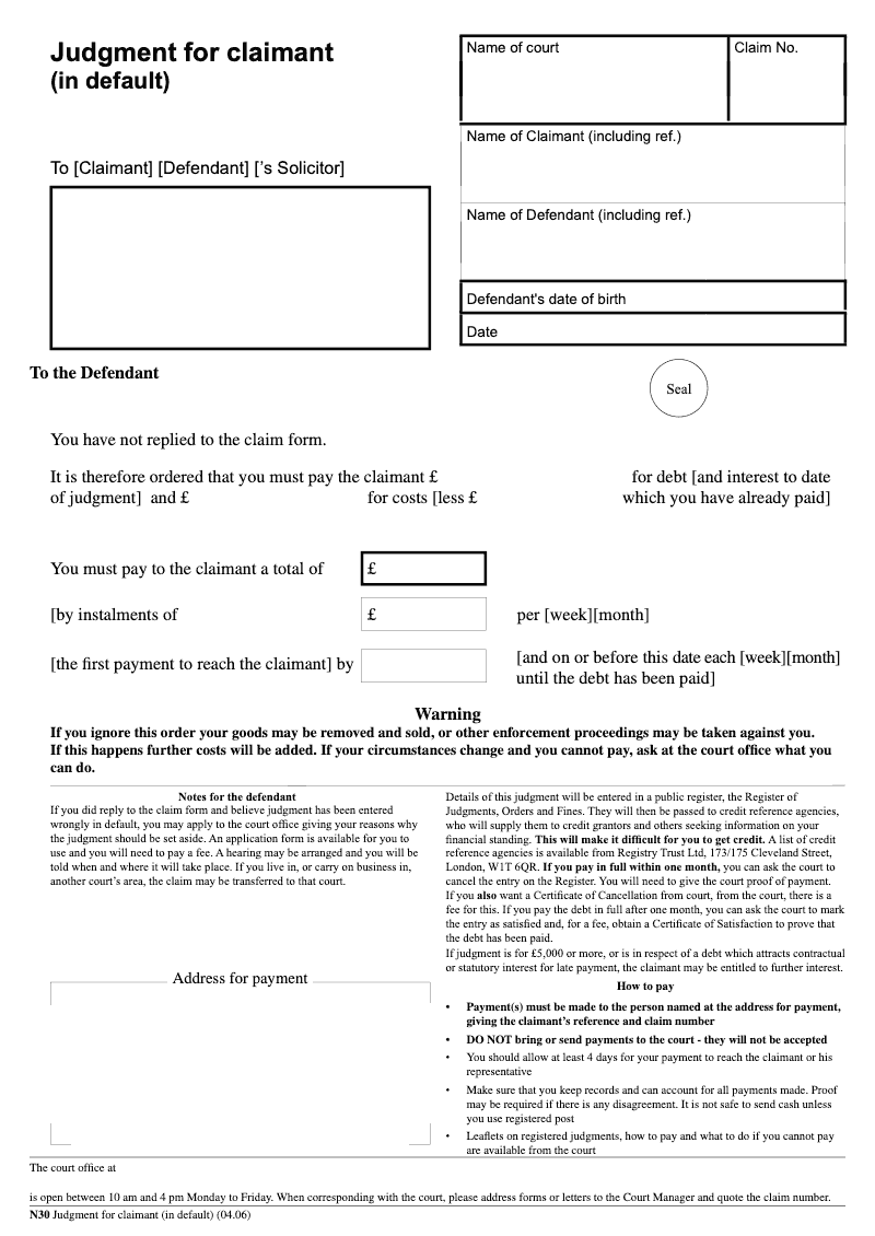 N30 Judgment for Claimant in default preview