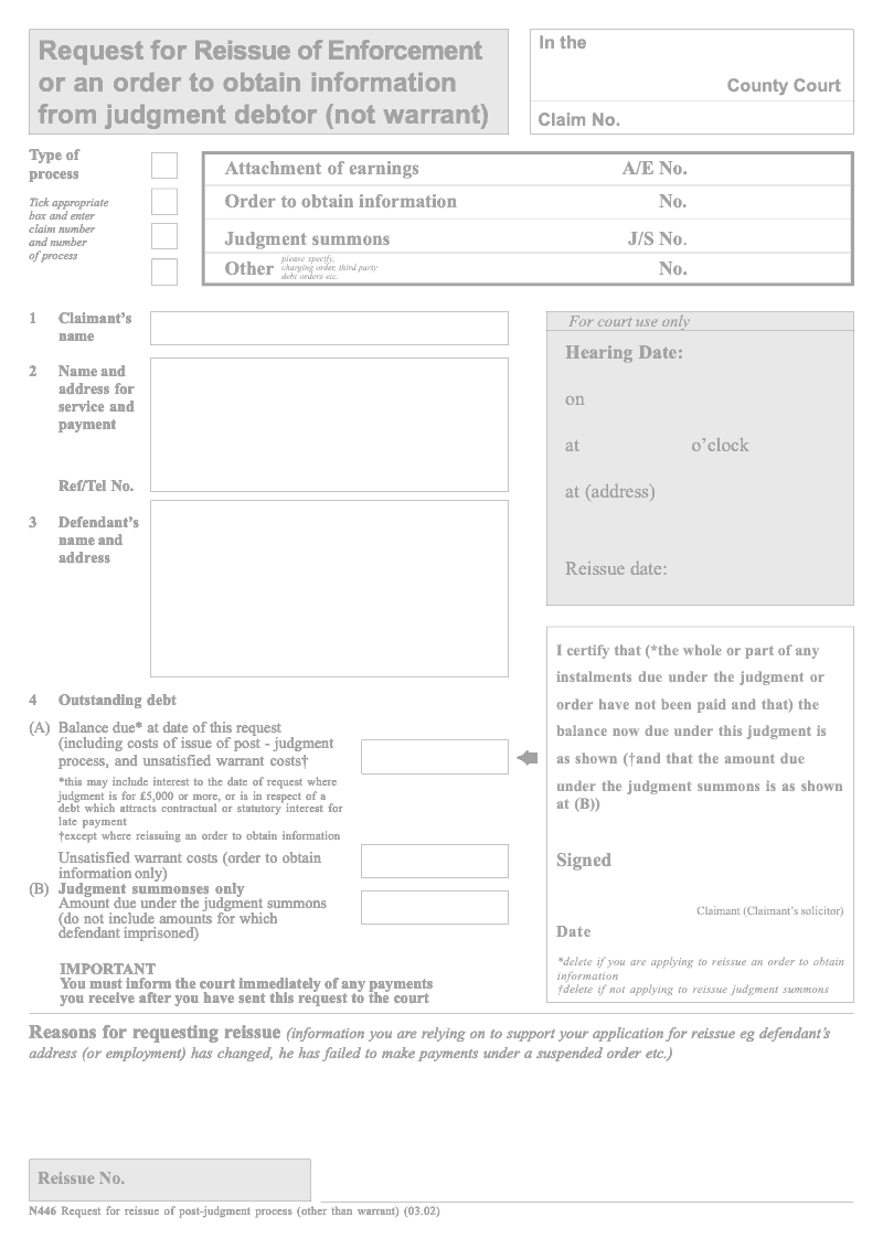 N446 Request for Reissue of Enforcement or an order to obtain information from judgment debtor not warrant preview