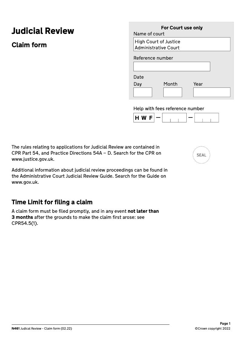 N461 Claim form Judicial Review preview