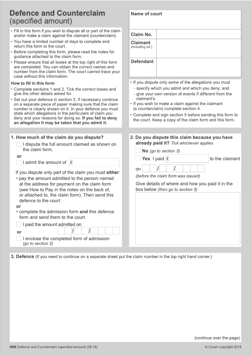 N9B Defence and counterclaim specified amount preview