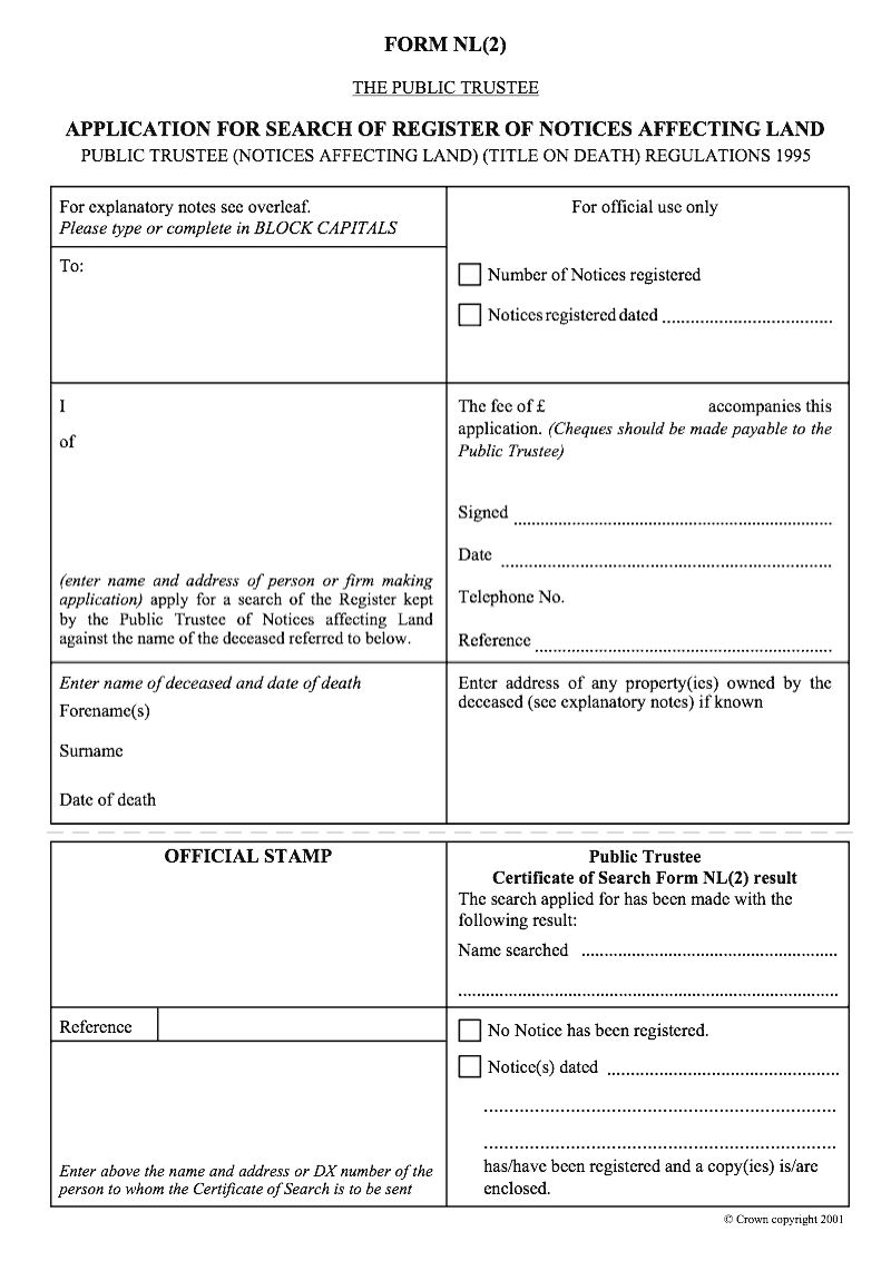 NL 2 Application for search of register of notices affecting land Public Trustee Notices Affecting Land Title On Death Regulations 1995 preview