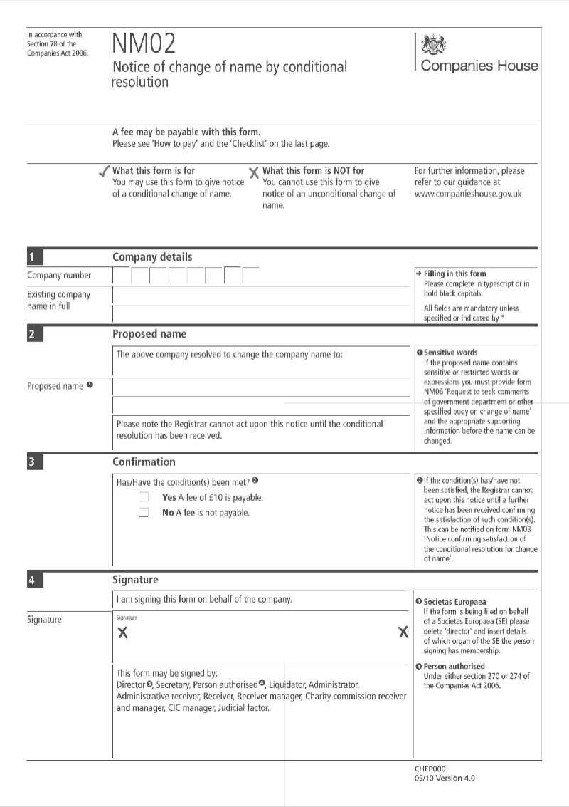 NM02 Notice of change of name by conditional resolution Section 78 preview