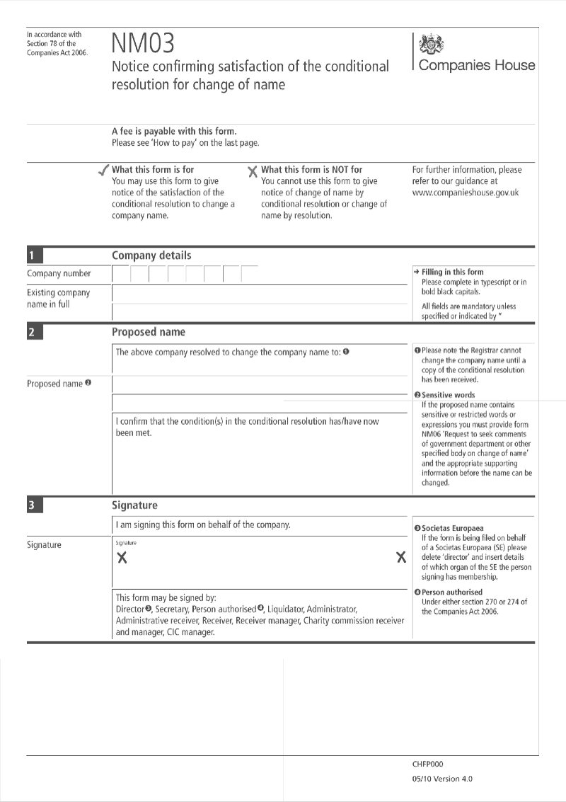 NM03 Notice confirming satisfaction of the conditional resolution for change of name Section 78 preview