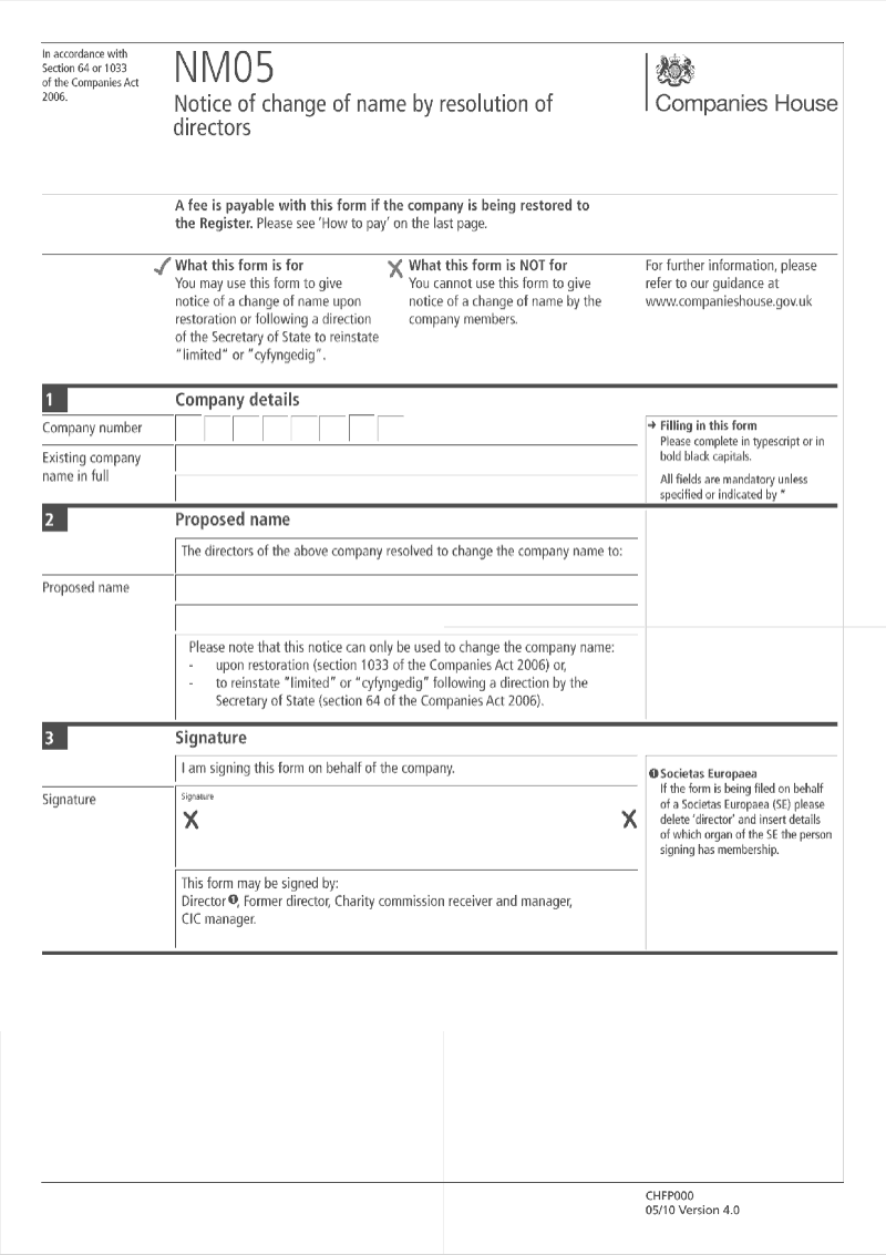 NM05 Notice of change of name by resolution of directors Section 64 preview