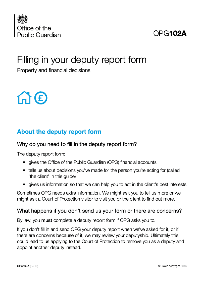 OPG102A Filling in your deputy report form Property and financial decisions preview