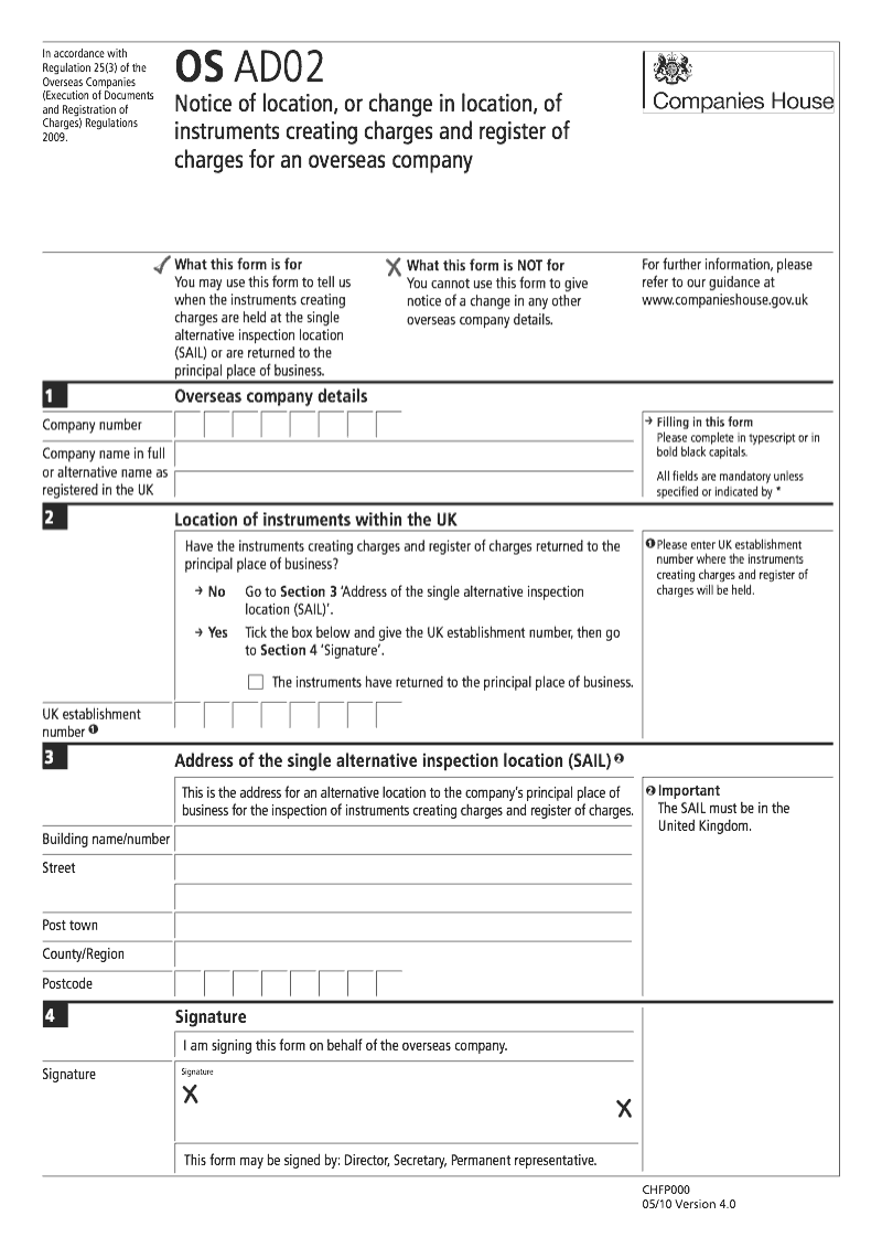 OS AD02 Notice of location or change in location of instruments creating charges and register of charges for an overseas company Regulation 25 3 preview